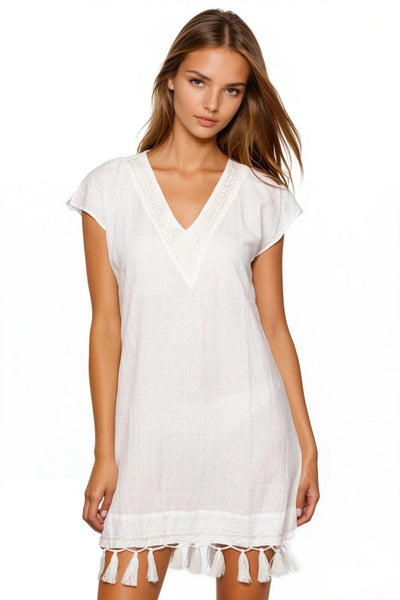 Fringe Tassel Embroidery Dress in Washed Cotton Chambray - Subtle Luxury