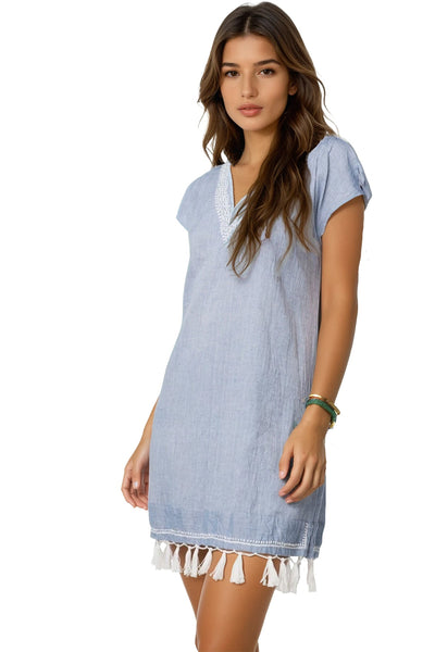 Fringe Tassel Embroidery Dress in Washed Cotton Chambray - Subtle Luxury