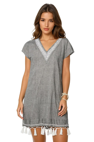 Fringe Tassel Embroidery Dress in Washed Cotton Chambray - Subtle Luxury