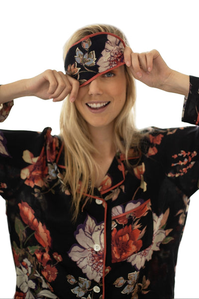 Loungerie by Subtle Luxury Eye Mask Blushing in Florals / O/S / Black - L49 Printed Satin Eye Masks by Loungerie