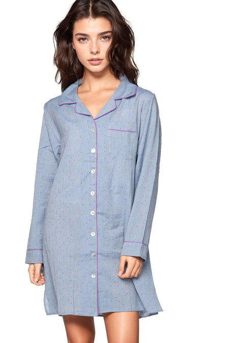 Miranda Satin Sleep Shirt in White with Ditsy Blue Print