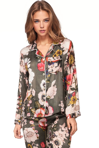 Loungerie by Subtle Luxury Pajama Set Bloom Baby PJ Set / XS/S / Bloom Baby Olive-MV20 Loungerie Satin Pajama Lounge Set in Prints