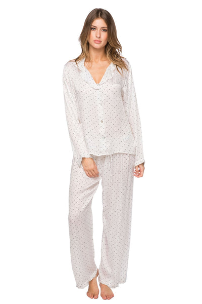 Loungerie by Subtle Luxury Pajama Set Charlotte Printed Satin PJ Set / XS/S / DD-Black Dots on White Printed Satin Lounge Set in White with Dots Print