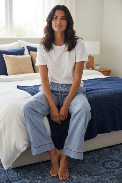 loungerie-by-subtle-luxury-pajama-set-loungerie-by-subtle-luxury-pajama-set-Chambray Blue Cotton Piping Pajama Top and Bottom Set in Geo Dot Print Red 4