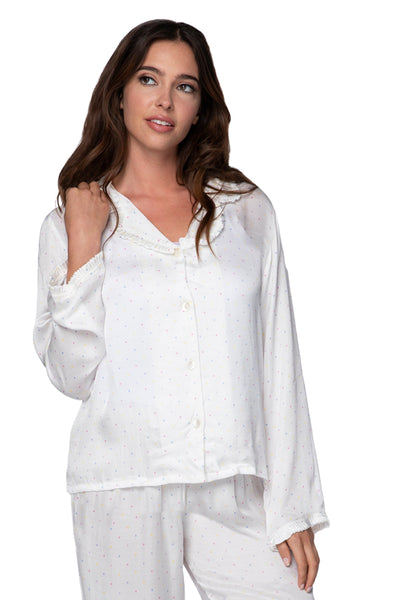 Loungerie by Subtle Luxury Pajama Set Printed Satin Lounge Set in White with Dots Print