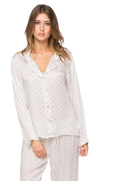 Loungerie by Subtle Luxury Pajama Set Printed Satin Lounge Set in White with Dots Print