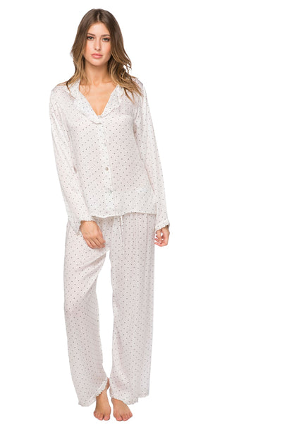 Loungerie by Subtle Luxury Pajama Set Printed Satin Lounge Set in White with Dots Print
