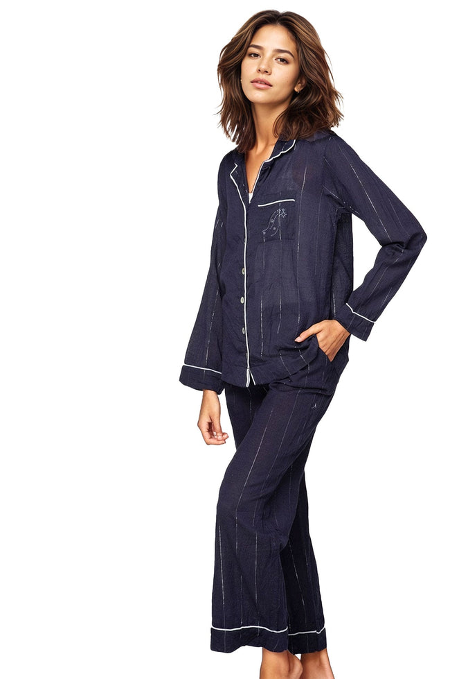 Loungerie by Subtle Luxury Pajama Set Sleeping In Pajamas Set in Cotton Chambray with Lurex