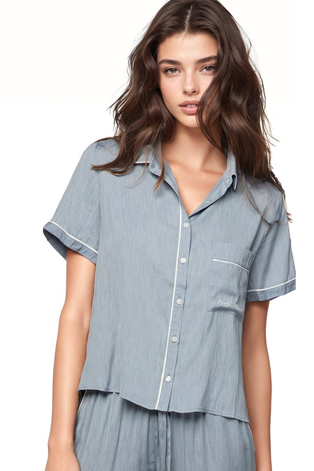 Jade Pajama Rayon Shirt with Pocket Embroidery
