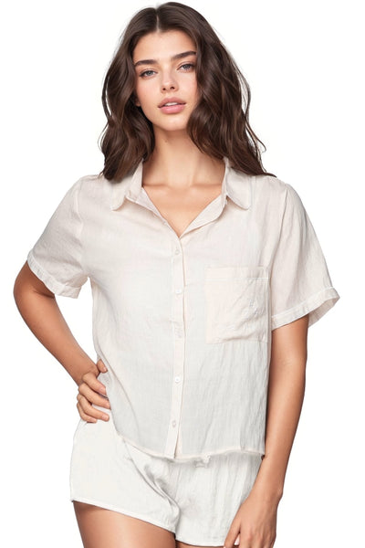 Loungerie by Subtle Luxury Pajama Top Jade PJ Top-Embroidery / S/M / Ivory Jade Pajama Rayon Shirt with Pocket Embroidery