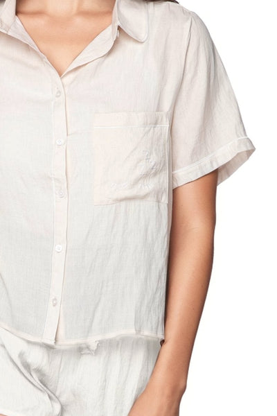 Loungerie by Subtle Luxury Pajama Top Jade PJ Top-Embroidery / S/M / Ivory Jade Pajama Rayon Shirt with Pocket Embroidery