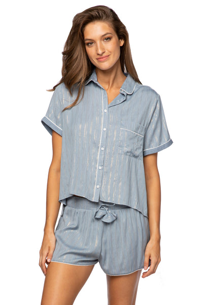 Loungerie by Subtle Luxury Pajama Top Jade PJ Top/Short Set Lurex print / XS/S / Steel w/Gold Lurex Jade Top and Short Pajama PJ Set in Lurex print