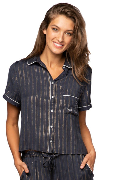 Loungerie by Subtle Luxury Pajama Top Jade PJ Top-Solid / M/L / Navy with Lurex Jade Rayon Top with Gold Lurex Striping