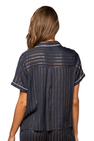 Loungerie by Subtle Luxury Pajama Top Jade Rayon Top with Gold Lurex Striping