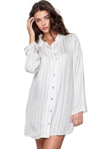 Loungerie by Subtle Luxury Pajama Top Miranda Satin Sleep Shirt in White with Ditsy Blue Print