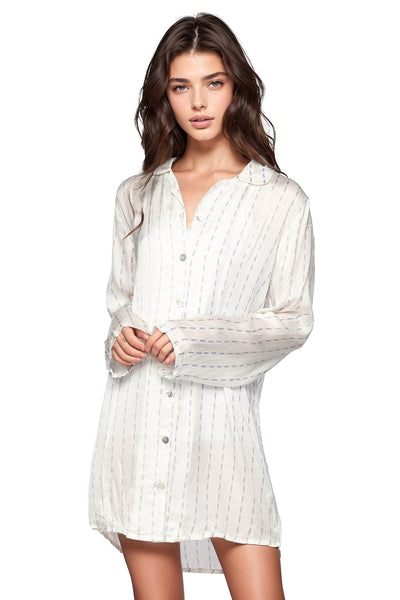 Loungerie by Subtle Luxury Pajama Top Miranda Sleepshirt / S / BF White Miranda Satin Sleep Shirt in White with Ditsy Blue Print