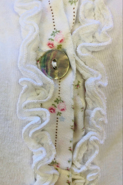 Loungerie by Subtle Luxury Pajama Top Ruffle Cardigan / M/L / White w/ Flowers Ruffle Knit Signature Cardigan top