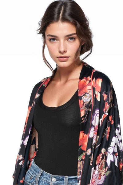 Loungerie by Subtle Luxury Robe Blushing Floral Kimono / S/M / Black-L49 Blushing Floral Print | Satin Kimono Robe in Black | Loungerie
