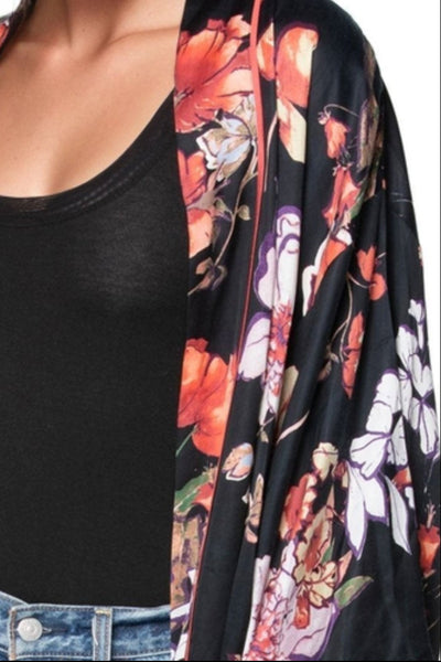 Loungerie by Subtle Luxury Robe Blushing Floral Kimono / S/M / Black-L49 Blushing Floral Print | Satin Kimono Robe in Black | Loungerie