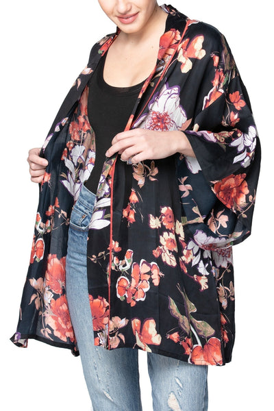Loungerie by Subtle Luxury Robe Blushing Floral Print | Satin Kimono Robe in Black | Loungerie