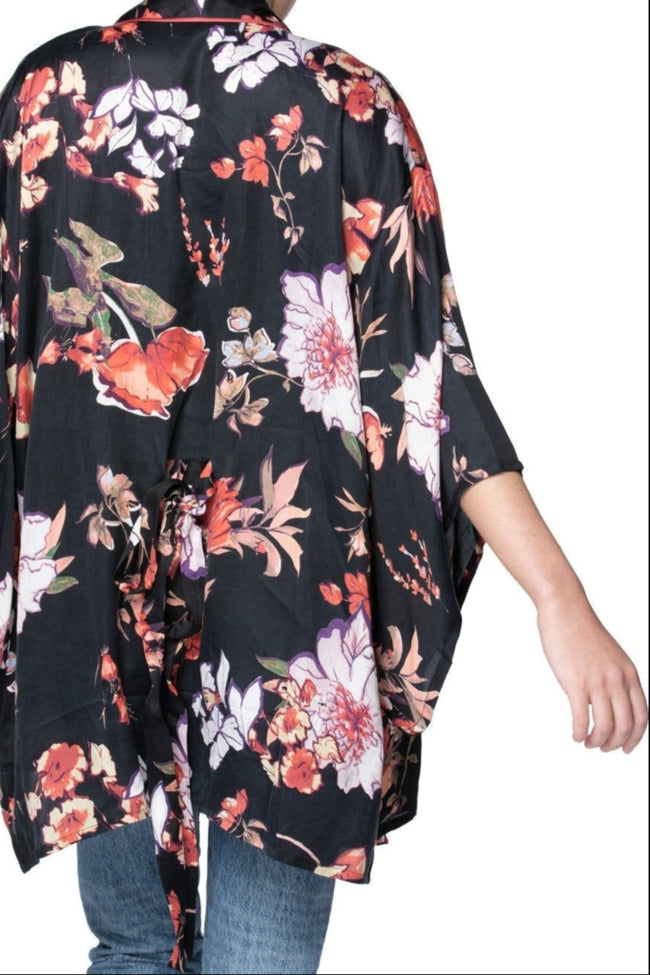 Loungerie by Subtle Luxury Robe Blushing Floral Print | Satin Kimono Robe in Black | Loungerie