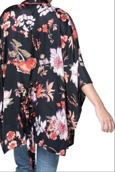 Loungerie by Subtle Luxury Robe Blushing Floral Print | Satin Kimono Robe in Black | Loungerie