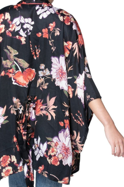 Loungerie by Subtle Luxury Robe Blushing Floral Print | Satin Kimono Robe in Black | Loungerie
