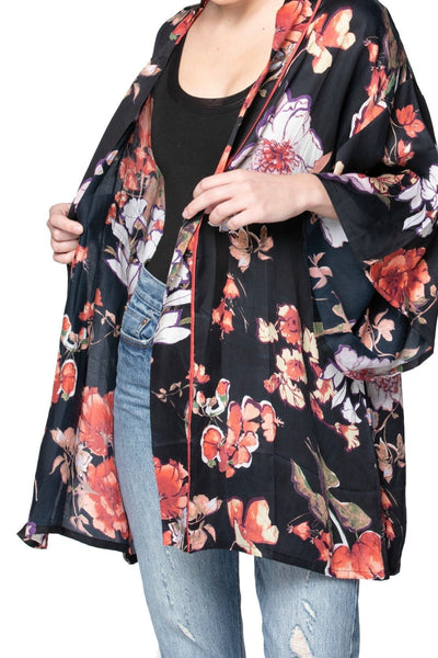 Loungerie by Subtle Luxury Robe Blushing Floral Print | Satin Kimono Robe in Black | Loungerie