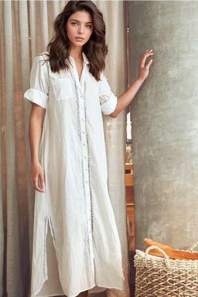 Maxi Boyfriend Cotton Shirt Dress with Contrast Embroideries - Subtle Luxury
