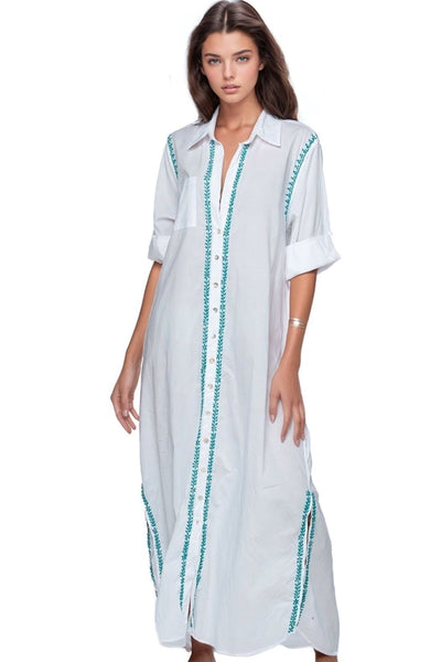 Maxi Boyfriend Cotton Shirt Dress with Contrast Embroideries - Subtle Luxury