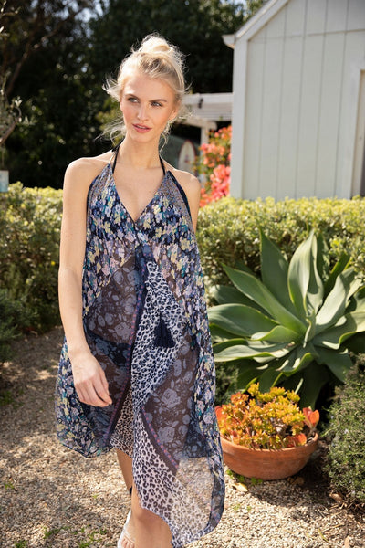 Maxi Halter Sundress Coverup in Fields of Florals Print Navy - Subtle Luxury