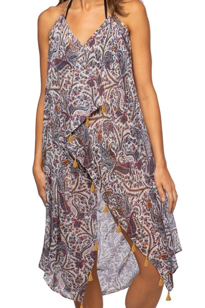 Maxi Tassel Sun Dress Coverup in Blue Paisley Bliss Print - Subtle Luxury