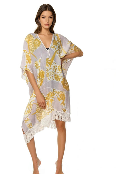 Morning Song Gold Print Fringe Kaftan Coverup - Subtle Luxury