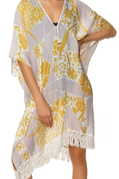Morning Song Gold Print Fringe Kaftan Coverup - Subtle Luxury