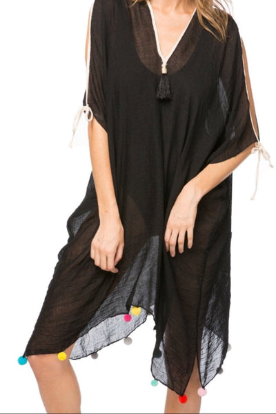 Open Shoulder Sundress Coverup in Rainbow Pom Pom - Subtle Luxury