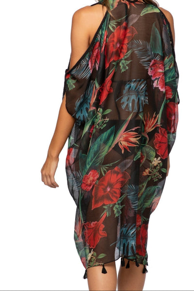 Open Shoulder Sundress Coverup in Sheer Hibiscus Garden Print - Subtle Luxury