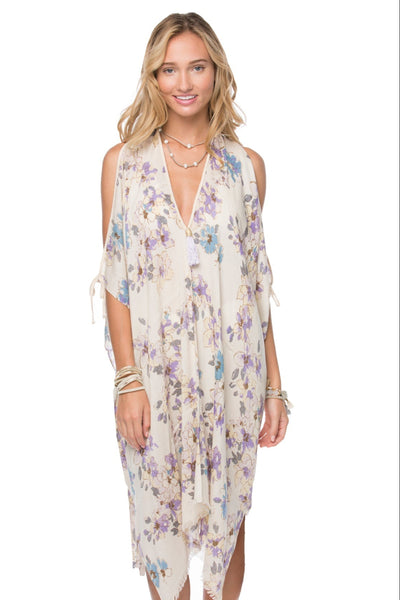 Open Shoulder Sundress Coverup in Watercolor Garden Print - Subtle Luxury