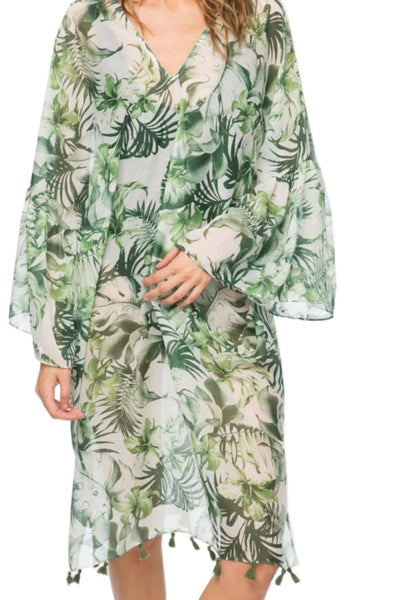 Palm Leaf Print Bell Sleeve Kaftan Coverup - Subtle Luxury