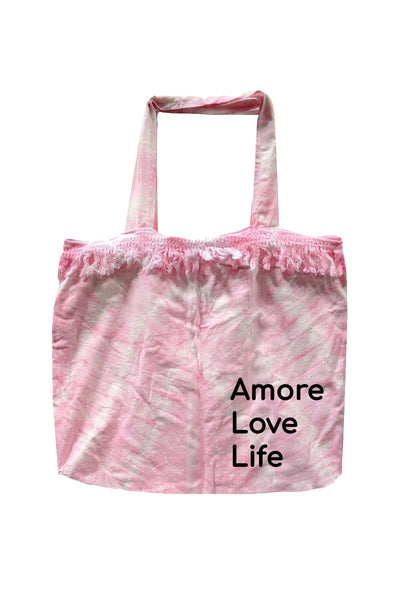 Pool to Party Beach Bag Tie-Dye Market Bag / Pink Sunset / Amore Love Life Tie-Dye Market Beach Bag with Fringe