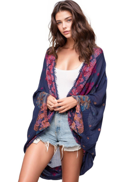 Pool to Party Coverup Blue / One Size Kimono Shrug Coverup in Whole Lotta Love Novelty Jacquard Fabric