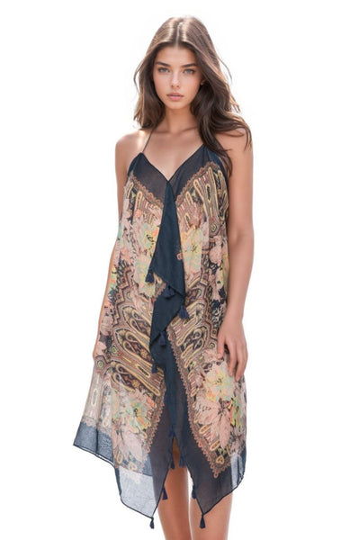 Pool to Party Coverup Dress One Size / Navy / Sheer Soft Hand Poly Maxi Tassel Sundress Coverup in Rio Blooms Prints