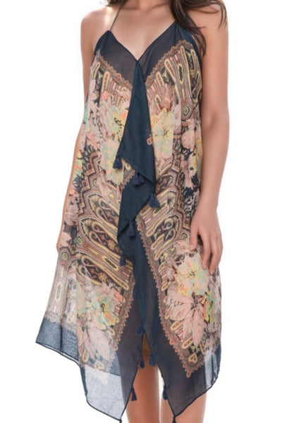 Pool to Party Coverup Dress One Size / Navy / Sheer Soft Hand Poly Maxi Tassel Sundress Coverup in Rio Blooms Prints
