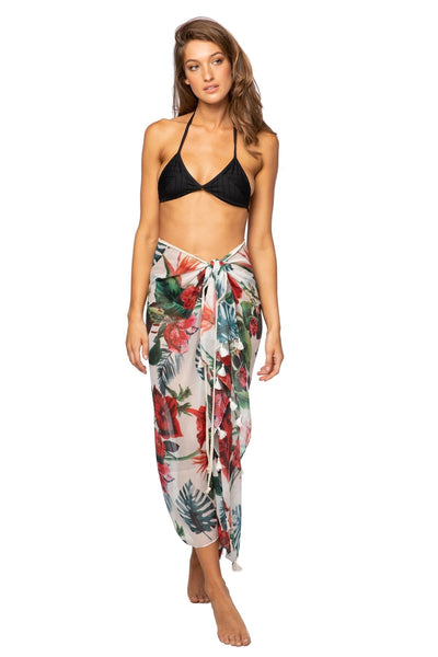 Pool to Party Coverup Hibiscus Garden / One Size / White Braided Sarong Coverup in Hibiscus Garden Print
