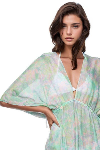 Pool to Party Coverup One Size / Mint / 100% Sheer Soft Poly Fern & Floral Print Isle Coverup Dress
