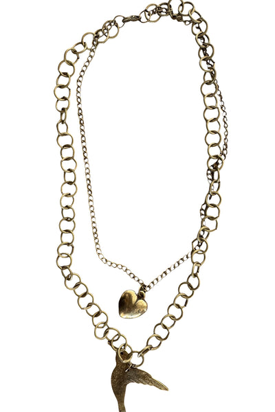 Pool to Party Jewelry Bird & Heart Vintage Charms Multi Strand Necklace / one size / Antique Brass Bird & Heart Vintage Charms Multi Strand Necklace