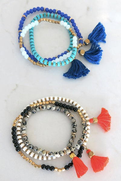 Pool to Party Jewelry Stretch Beaded Triple Tassel Necklace Convert to Wrap Bracelet
