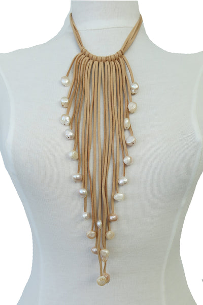 Waterfall Tassel Real Pearl Faux Suede Necklace cognac brown Tan