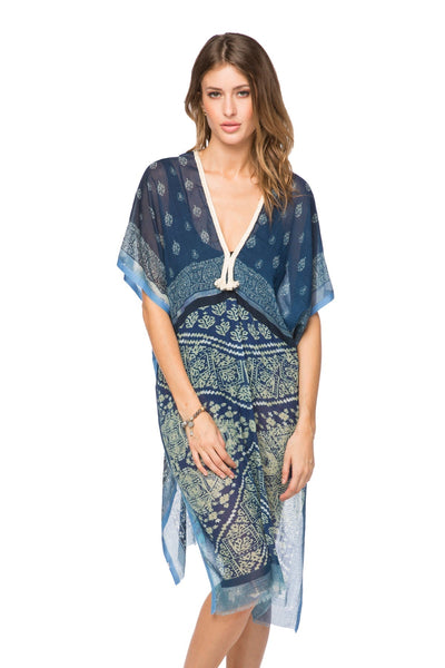 Pool to Party Kaftan Kaftan Maxi Dress in Denim Patches Print / One Size / Blue Kaftan Maxi Dress in Denim Patches Print