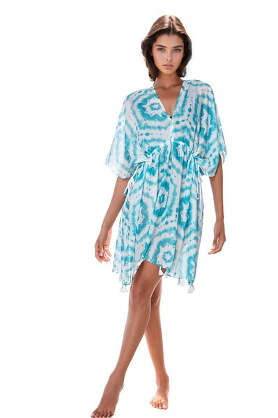 Pool to Party Kaftan One Size / Aqua / 100% Poly Happy Hippie Print Isle Sundress Coverup