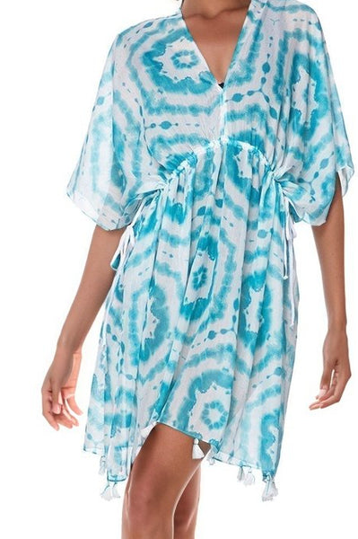 Pool to Party Kaftan One Size / Aqua / 100% Poly Happy Hippie Print Isle Sundress Coverup